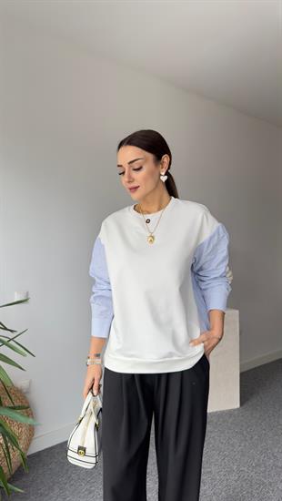 Luzi Çizgili Poplin Garnili Beyaz Sweat