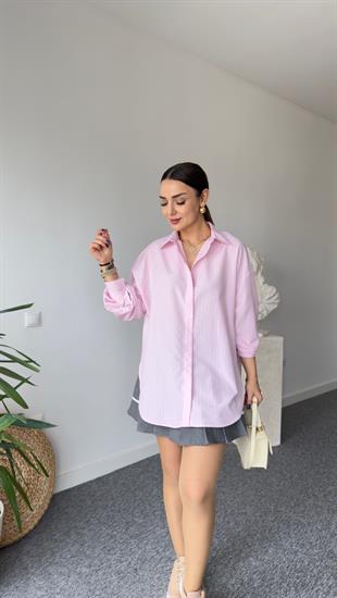 Sario Çizgili Salaş Pembe Gömlek