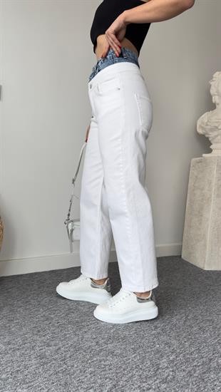 Orj Model Bel Detaylı Beyaz Jean