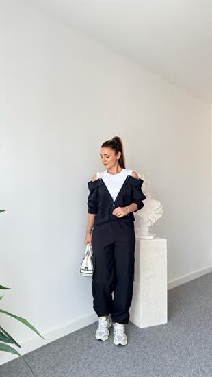 İki Parça Atletli Tasarım Siyah Gömlek