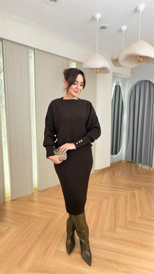 Fiana Kahve Bluz Elbise Triko Takım