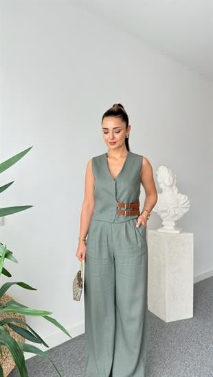 Haki Pevil Kemer Detaylı  Yelek Pantolon Takım