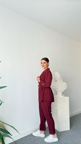 Bordo Şal Yaka Büzgülü Tensel Takım