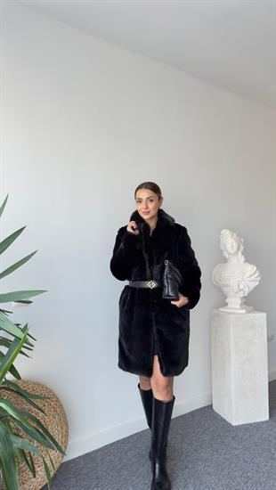 İçi Leopar Astarlı Siyah Peluş Kaban