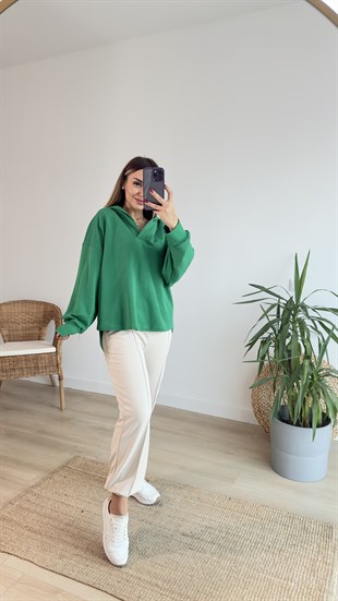 Kapüşonlu Yeşil Basic Sweat