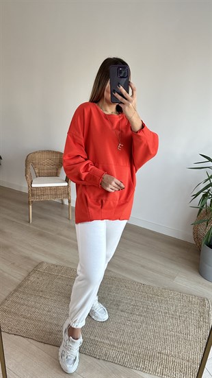 Pileli Yanları Yırtmaçlı Turuncu Sweat
