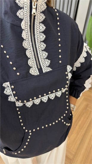 Lacivert Dantel Detaylı Astarlı Tasarım Sweatshirt