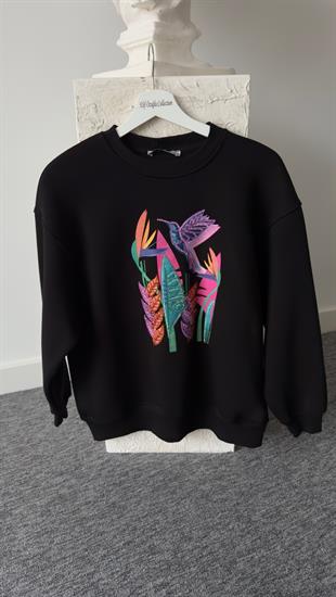 Kuş Baskılı Siyah Sweatshirt