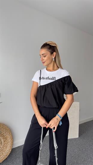Rusi İkili Yazı Detaylı Tshirt