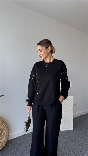 Zack Marka Model Taş Detaylı Siyah Sweatshirt