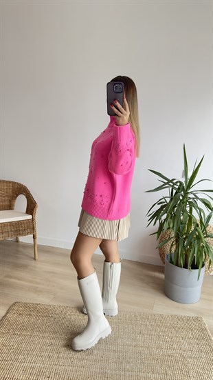 Ponponlu İncili Pembe Kazak