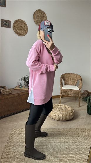 Yanı Fermuar Detaylı Salaş Pembe Sweat	