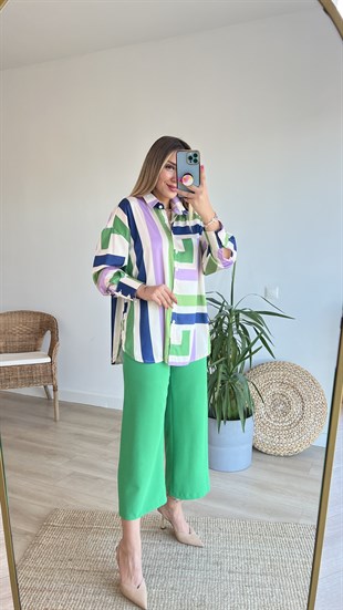 Desenli Lila Saten Gömlek 