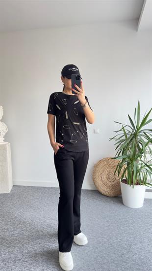 Mela İnci Ve Taşlı Siyah  Tshirt