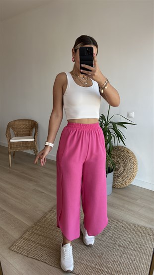 Şeker Pembe Yırtmaçlı Keten Pantolon