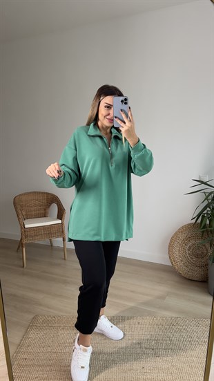 Yanları Yırtmaçlı Yeşil Modal Sweatshirt