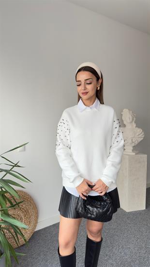 Beyaz Kollar Boncuk Detay Sweat