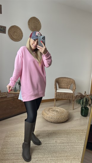Yanı Fermuar Detaylı Salaş Pembe Sweat	
