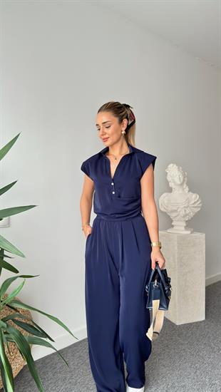 Lacivert Fredi Yan Fermuarlı Bluz