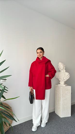 Yuthi Kaşkol Detaylı Astarlı Kırmızı Kaban