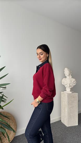 Denim Yaka Bordo Sweatshirt