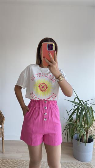 Pembe Yazı Detaylı Kısa Tshirt