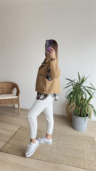 Ekose Detaylı Camel Ceket