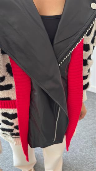 Deri Detaylı Tasarım Leopar Desen Hırka 