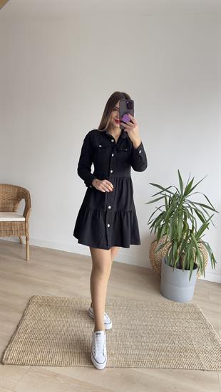Volanlı Siyah Denim Elbise 