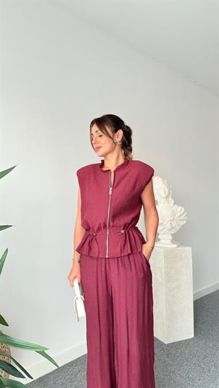 Bordo Rafto Taş Detaylı Yelek Pantolon Takım