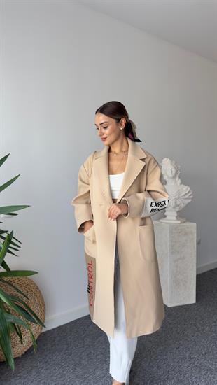 Marike Orj Model Yazı Detaylı Astarlı Bej Kaban