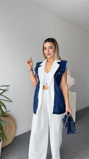 Beyaz Noctur Tasarım Jean Yelekli Takım