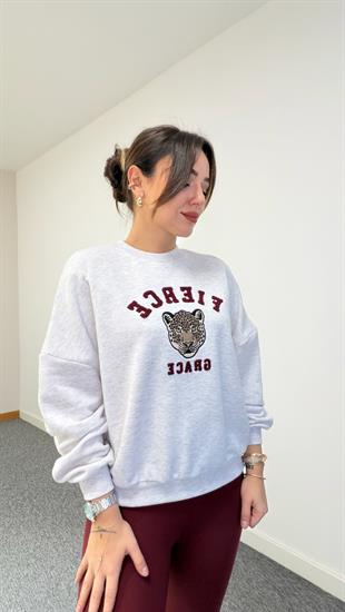 Kaplan İşlemeli Gri Sweatshirt