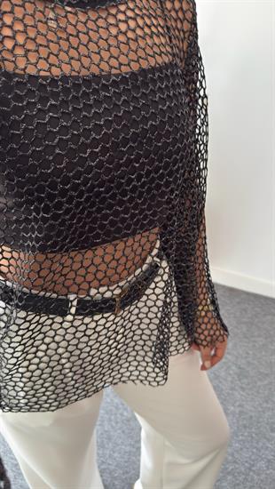 Siyah Kayık Yaka Yarasa Kol File Bluz