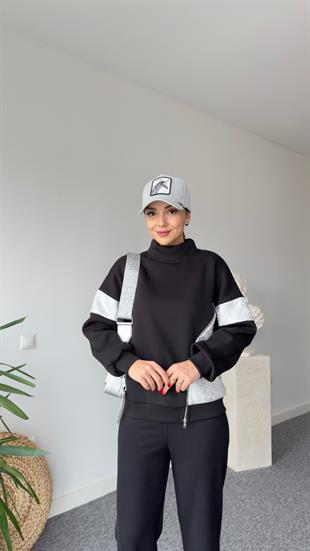 Fermuar Ve Varak Detaylı Siyah Sweatshirt