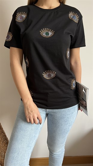 Göz Detaylı Siyah Tshirt