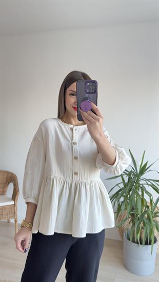 Düğmeli Keten Bluz