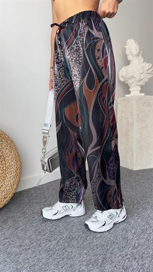 Melda Bel Lastikli Desenli Saten Pantolon