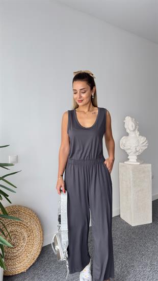 Sırt Dekolte Bel Lastikli Antrasit Tulum