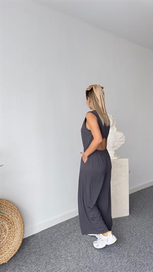 Sırt Dekolte Bel Lastikli Antrasit Tulum