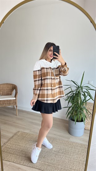 Bej Ekose Detay Kapüşonlu Sweatshirt