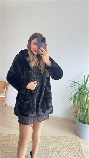 Premıum Kapüşonlu Siyah Peluş Mont