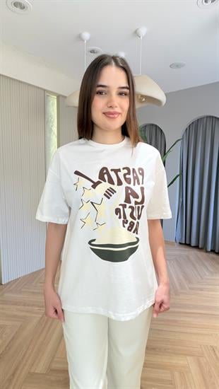 Manpo Yazı Detaylı Ekru Tshirt