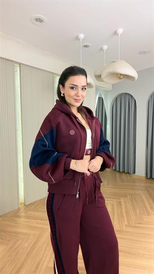 Bordo Balon Kol Triko Garnili Üçlü Takım