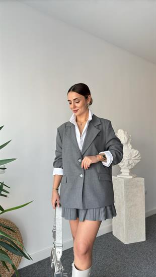 Artu Poplin Detaylı Gri Blazer Ceket