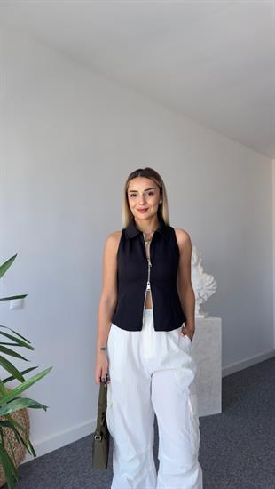 Çift Fermuarlı Siyah Yelek