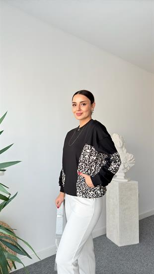 Onyi Yanlar Leopar Detaylı Siyah Sweatshirt