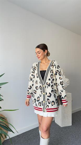 Dapu Kırmızı Şeritli Yumoş Leopar Desen Hırka