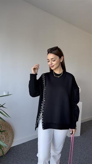 Fermuarlı Taş Detay Orj Model Siyah Tasarım Sweat 