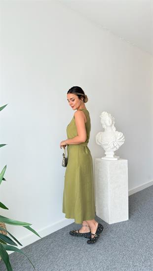 Olive Carli Kuşaklı Tensel Massi Elbise